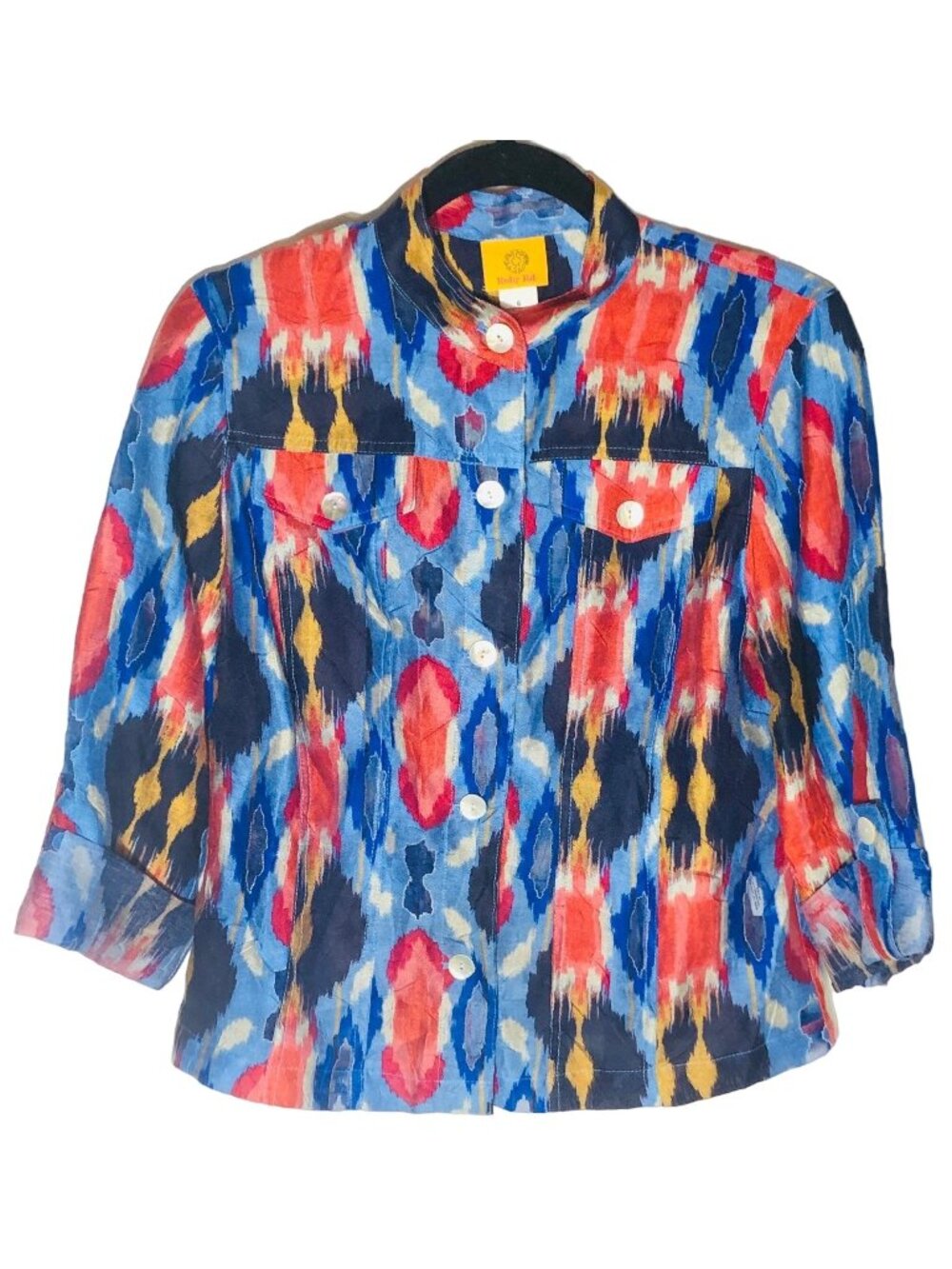 Ruby Rd shirt graphic mid or long sleeve blue multi color button down sheer READ